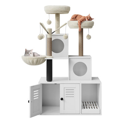 2-in-1 Modern Litter Box Enclosure with Cat Tree Tower with Condo Hammock Scratching Posts for Various Cats