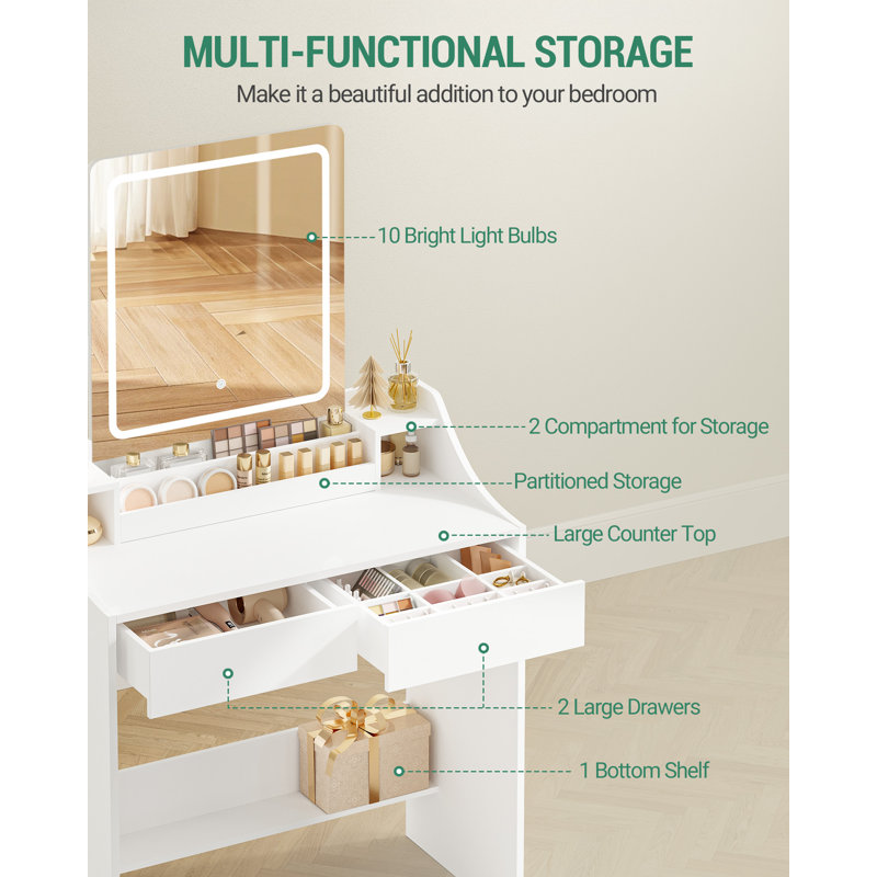Dressing Table with LED Lights, Adjustable Brightness and Color, Vanity Table with Mirror, Vanity Desk with 2 Drawers and 2 Open Compartments, Modern, 80 cm Desktop, White 