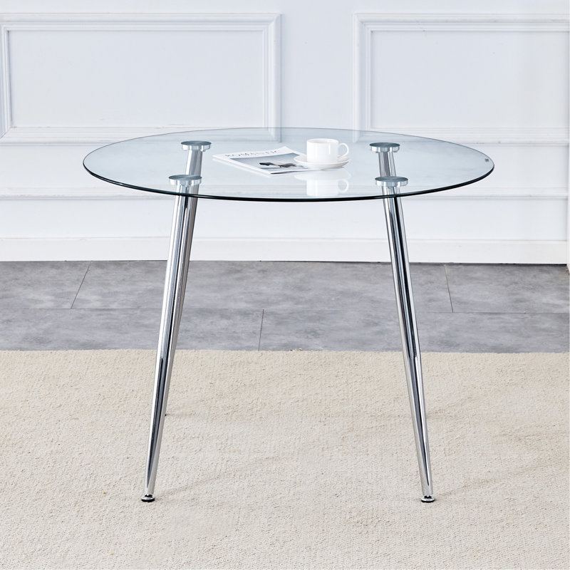 Table de salle à manger ronde avec plateau en verre, H 30 po x L 42 po x l 42 po, Argent argent