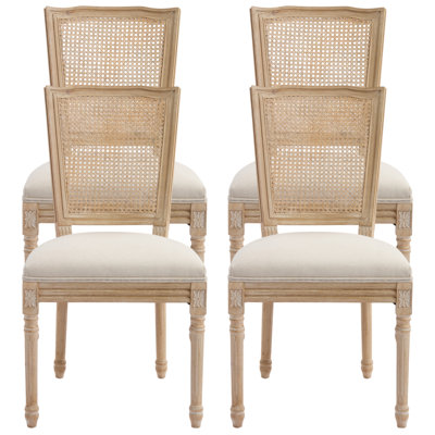 Amando High-End Beige French Country Dining Chairs, Upholstered Chairs With PE Rattan Back, Wire Drawing And Carving Techniques