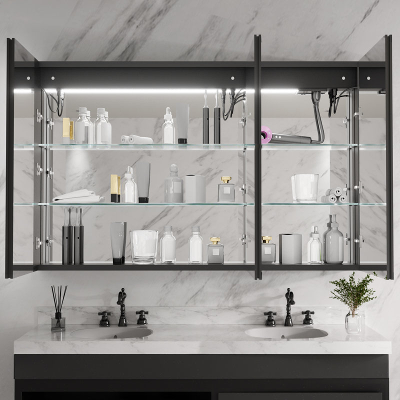60 in. W x 36 in. H Rectangular Aluminum Medicine Cabinet with Mirror and Light, Defogger, Interior Lighting, Black