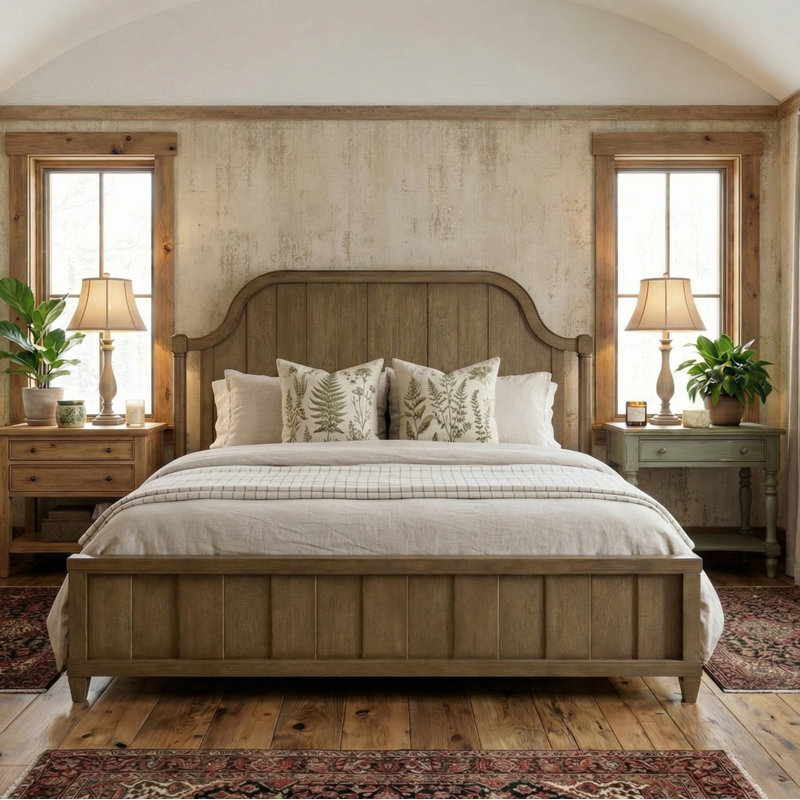 Lit à panneau en planches avec tête de lit arquée et placage d'hickory, Almond, Très grand lit