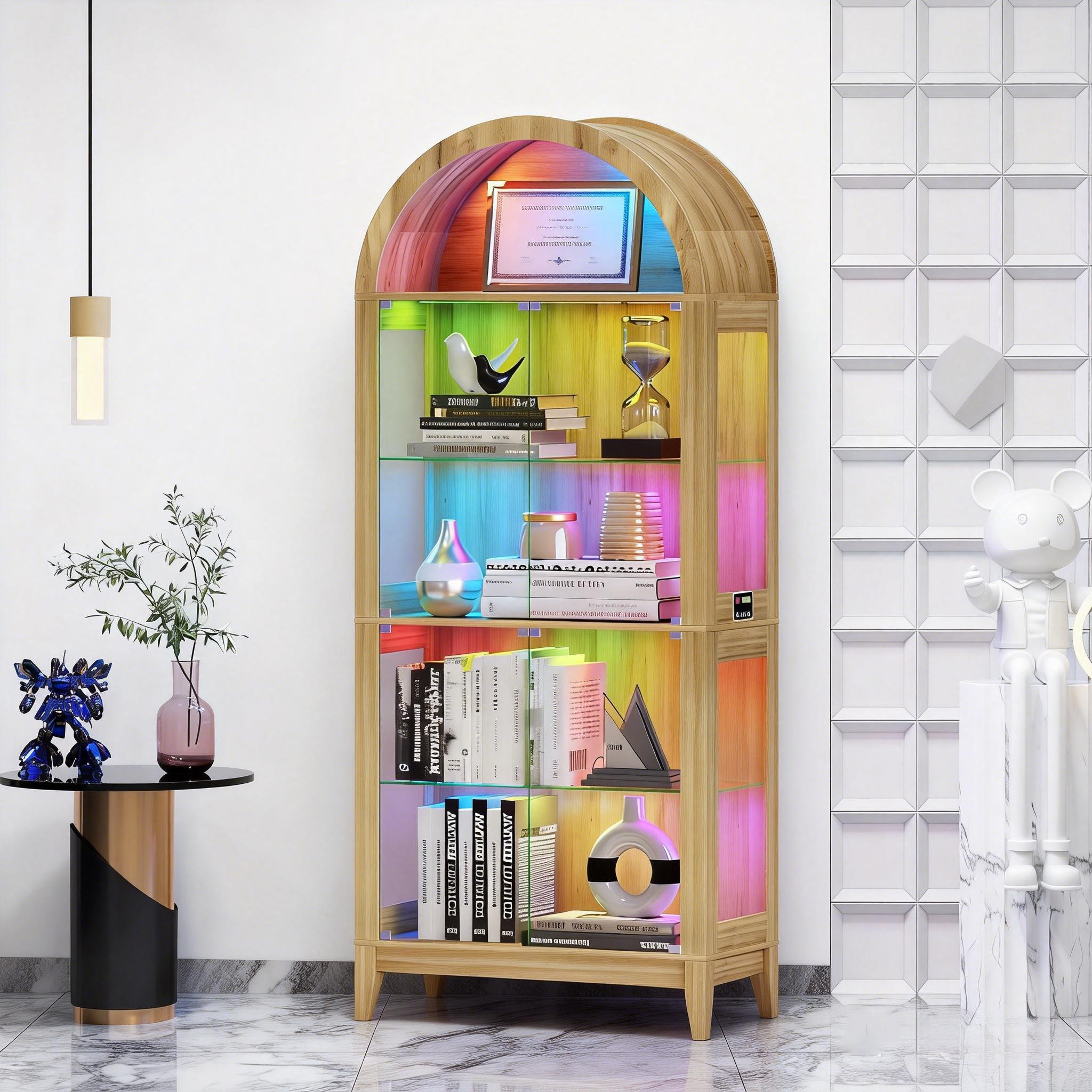 Metro Lane 5 - Shelf Arch Bookcase With Tempered Glass, Display Cabinet ...