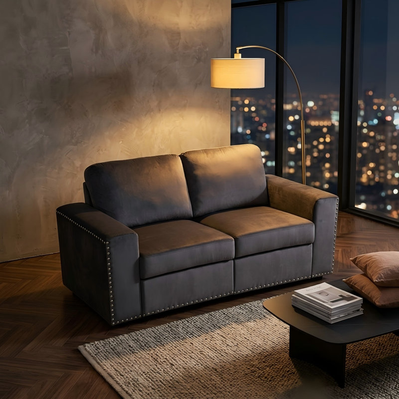 2-Piece Dark gray microfiber double-arm loveseat