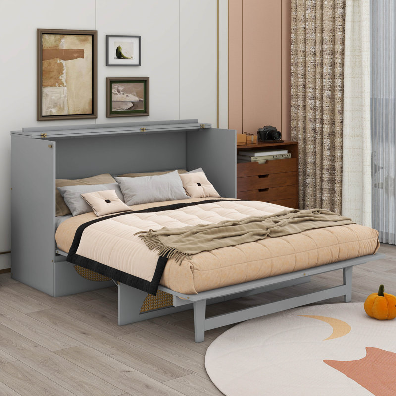 Lit escamotable avec grand tiroir, ports USB et prises USB, Grand, gris