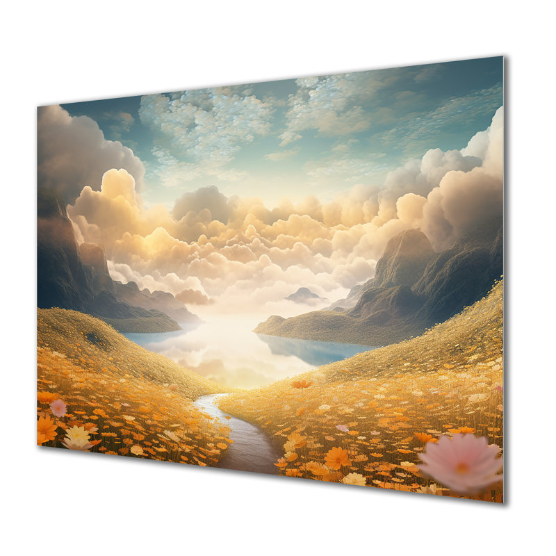 «Pastel Flowerfield Clouds Over Mountain River», art mural fleurs, Métal métal, H 24 po x l 32 po x P 1 po