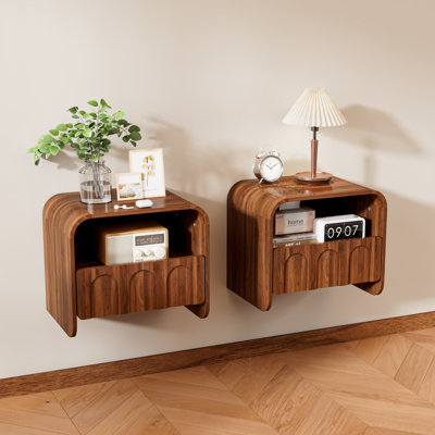 Floating Side Table Set Of 2, Small Wall Mounted End Table With Drawer And Open Storage Shelf, Modern Farmhouse Wooden Console Table For Living Room, Bedroom