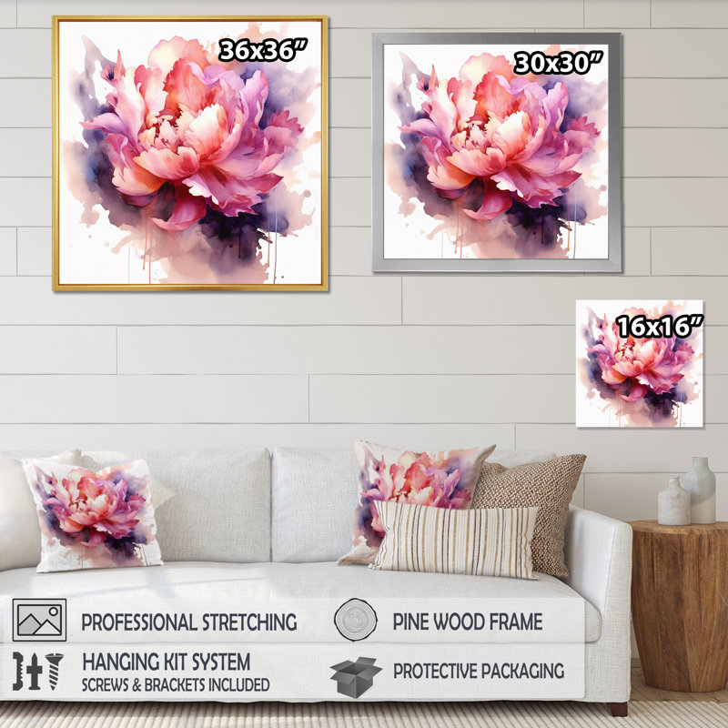 Visons de pivoine rose corail sur toile, H 24 po x l 24 po x P 1 po, Cadre simple noir