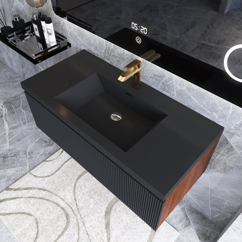 Meuble-lavabo mural moderne à rayures avec lavabo et tiroir à fermeture en douceur, 42"