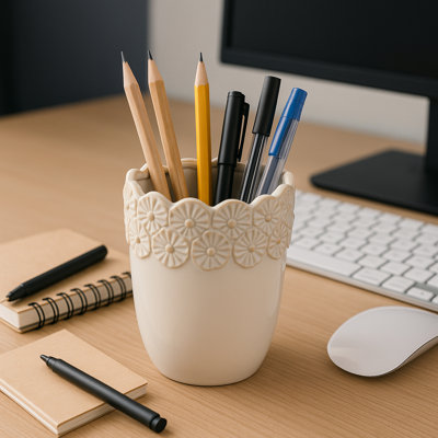 Accessoire de bureau en céramique festonné à bordure fleurie pour le rangement - Petit organisateur pour bureau, salle de bain, cuisine ou chambre à coucher - 4 po