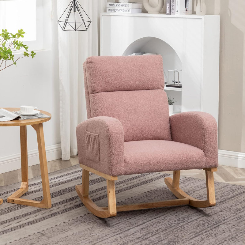 Wasilewski  Rocking Chair For Living Room with Solid Wood Leg, Pink Teddy