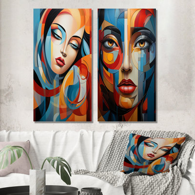 Portrait de femme cubique chromatique - ensemble de 2 reproductions d'art sur toile