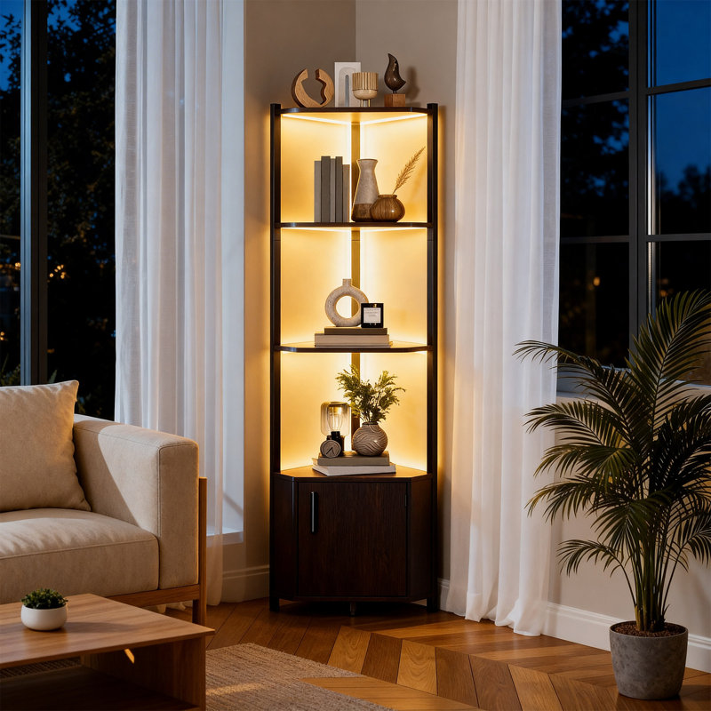 Étagère d'angle à 5 niveaux, support de rangement moderne et peu encombrant avec portes, Noir