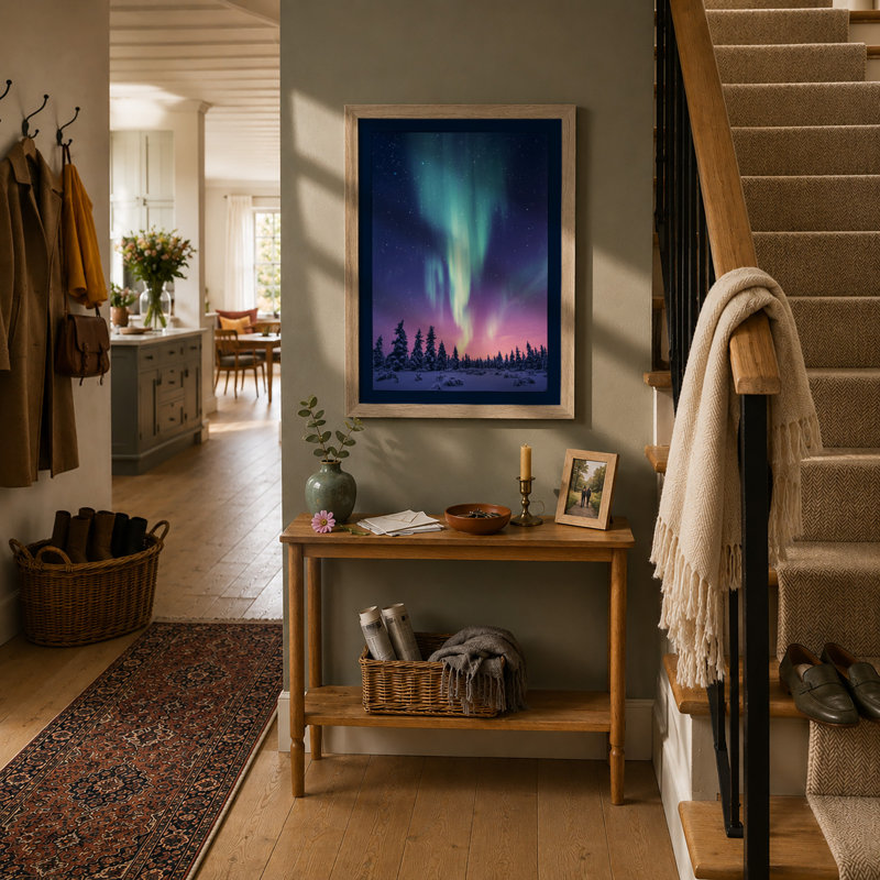 Aurora Over Silent Forest Scandinavian - Framed Print, A1 - 84.1 x 59.4 cm, Oak