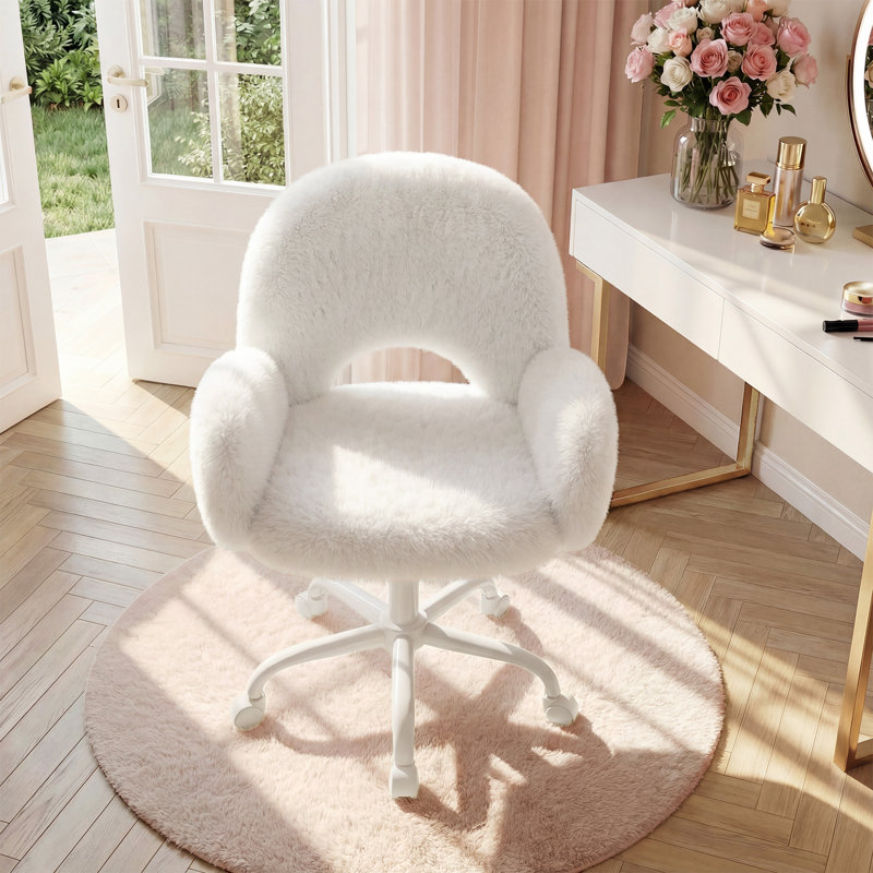 Cute Vanity Chair with Hollow Round Back – Adjustable Swivel Make-Up Chair for Bedroom, Vanity Desk & Home Office, Beige