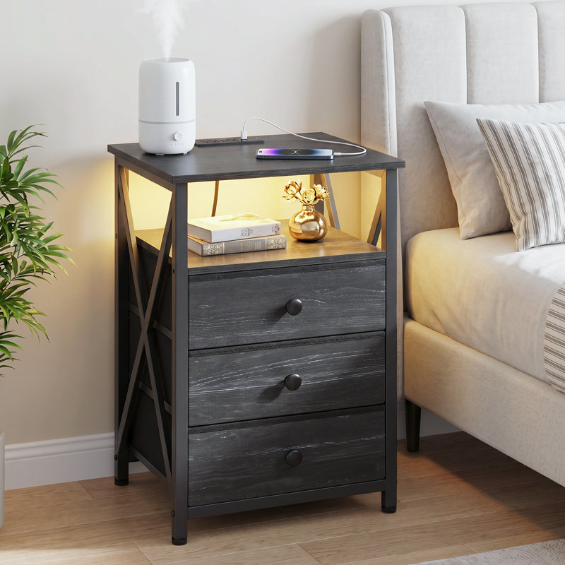 Table de chevet DEL 23,62 po avec 3 tiroirs et staton de charge, Dark Grey