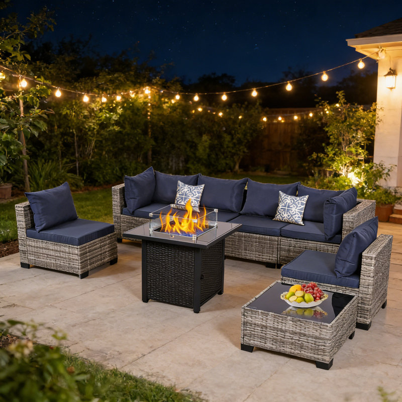 8 Piece Patio Conversation Sets With Fire Pit Table, Grey,  Navy