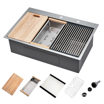 Évier de cuisine 33 po à poser sur plan de travail encastrable 33 po x 22 po avec cuve simple de calibre 16 et accessoires gris acier inoxydable