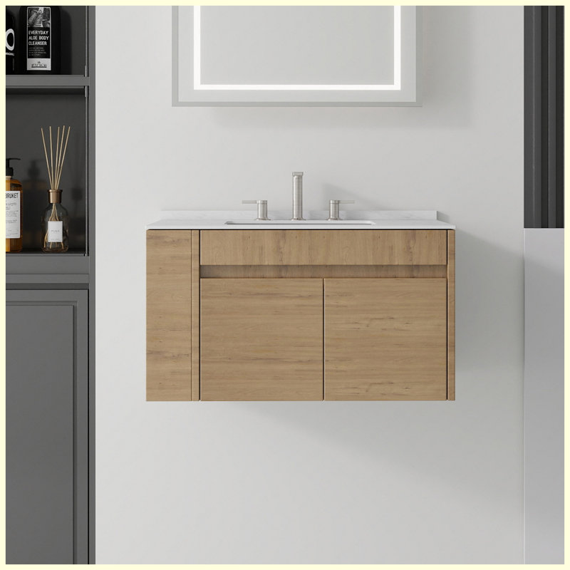 Meuble-lavabo flottant 36 po avec lavabo, porte à fermeture douce, comptoir en marbre de culture blanc de Carrare 0,6 po et dosseret, contreplaqué, chêne