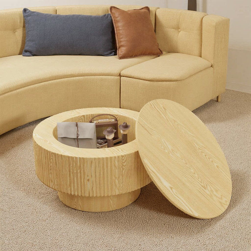 Table basse 29,5 "moderne avec motif rayé rainuré - Table centrale en panneau de fibres à densité moyenne avec tablette de rangement cachée, table d'appoint en forme de champignon pour le salon, la chambre à coucher ou la cuisine