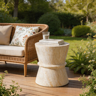 Hourglass-Shaped Concrete Outdoor Side Table, Simulated Stone Texture Contemporary Accent Table, Lightweight Patio End Table for Living Room & Garden