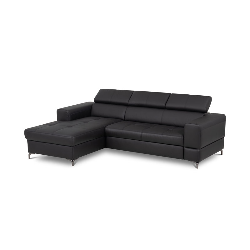 Tinos Genuine Leather Corner Sofa with Pull Out Bed with Storage and Adjustable Headrests, Left Hand Facing, Black