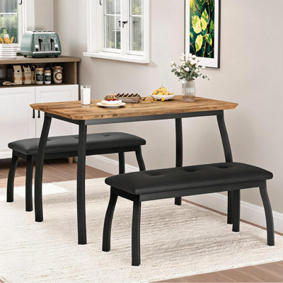 Ensemble de table et de chaises de salle à manger compact 3 pièces pour 4 personnes – Table de cuisine de style industriel moderne – Plateau en bois composite, structure en métal – 2 banquettes en similicuir. Coin-repas gain d'espace idéal pour la salle à manger, l'appartement et la maison. Couleur vintage.