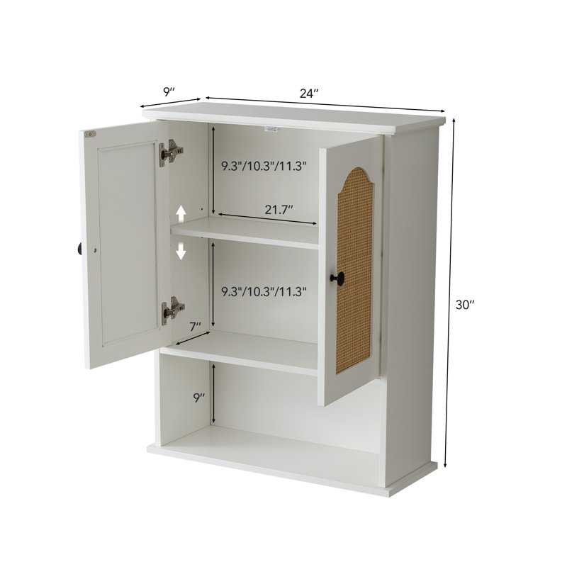 Boho White 2-Door Accent Storage Cabinet with Cane Rattan Doors, Open Shelf, and Contrast Hardware - Modern Farmhouse Style, White