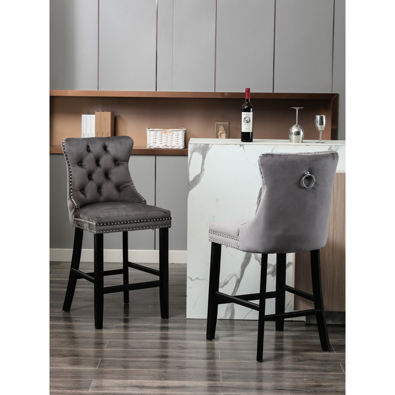 Revêtement en velours de style Mid-Century, pieds en bois massif, coussin en mousse à haute élasticité, garniture cloutée, de 2, cadre moderne gris, cadre confortable - 2 gris