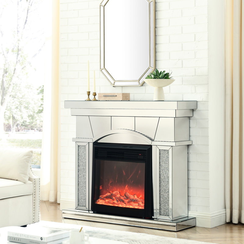 Artificial Crystals Fireplace, Electric 1500W Heating, 3D Flame Effect, Remote Control, Feature, Black Portable Unit For Living Room Fireplace With Acrylic Mirror, Led Flames, Adjustable Heat,
