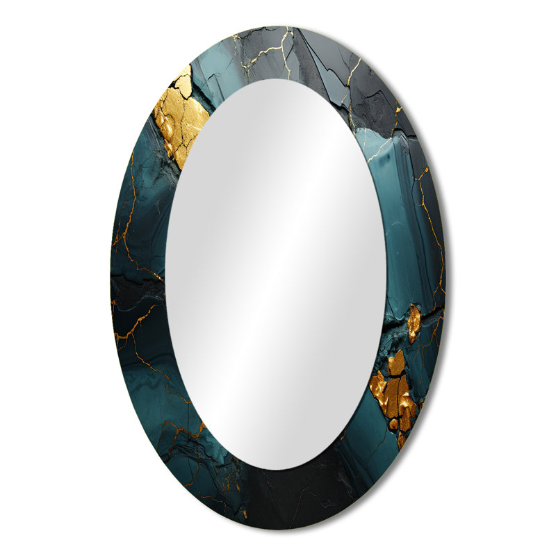 Gold And Green Abstract Marble Aura VII - Modern Oval Wall Mirror, 36" x 24"