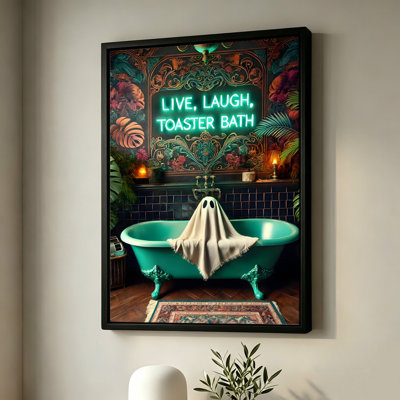 Décoration murale encadrée sur toile « Halloween Live Laugh Toaster Bath Neon Sign », cadre blanc, 61 x 91 cm (24 x 36 pouces).