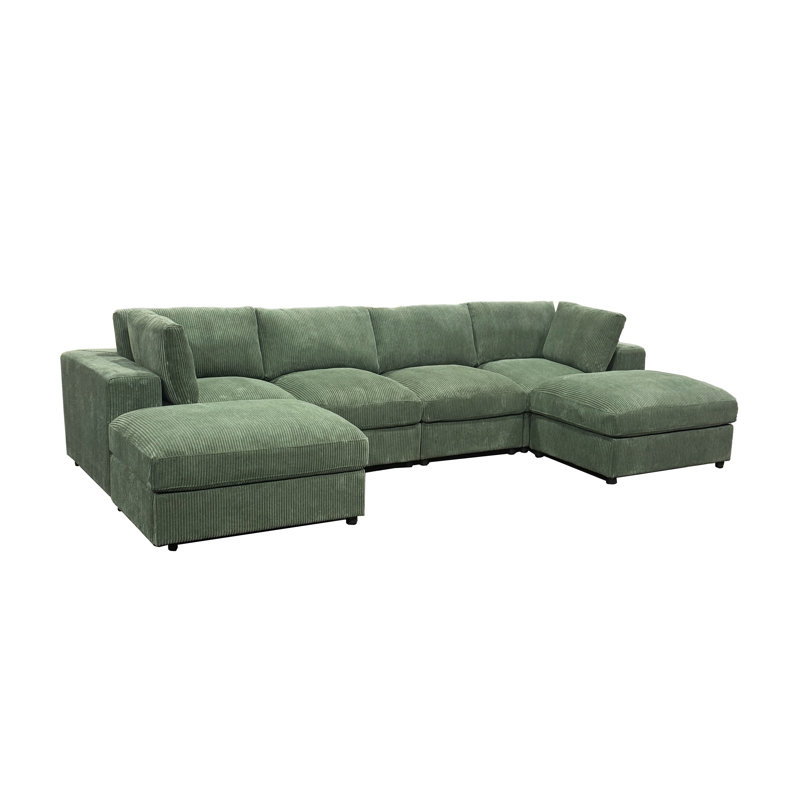 Dark Green Corduroy Reversible Modular Sectional Sofa with 6 Seats