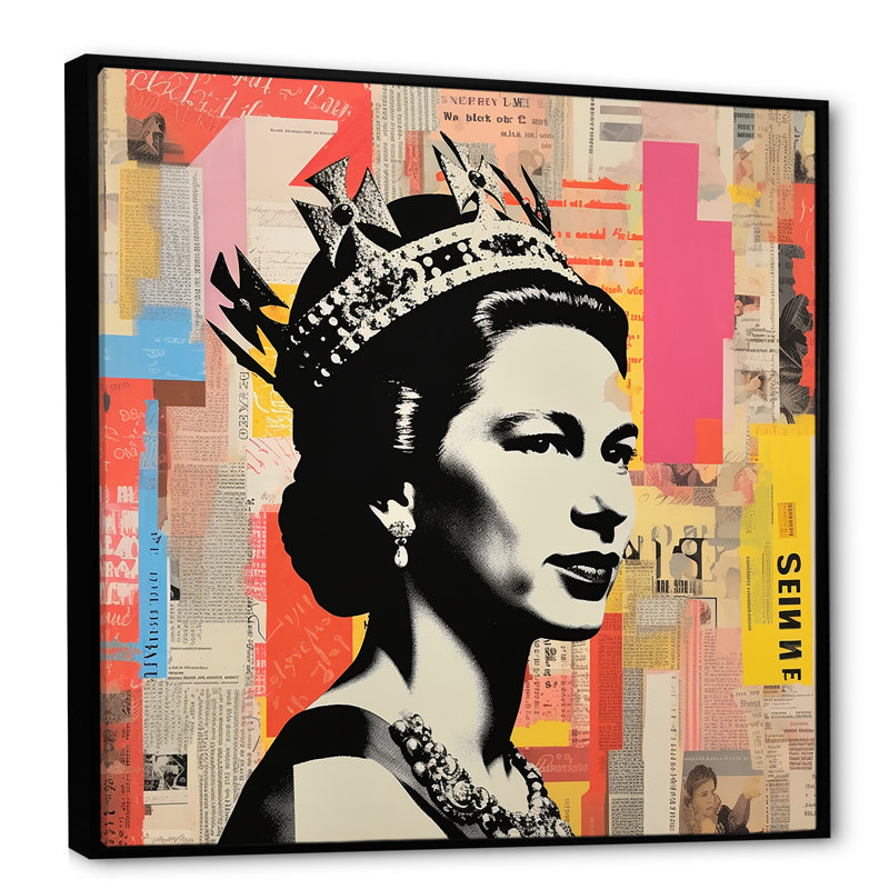Coloré popart iconique, reine du Royaume-Uni 3 - Art mural célébrité, Cadre flottant noir, H 36 po x l 36 po x P 1,5 po