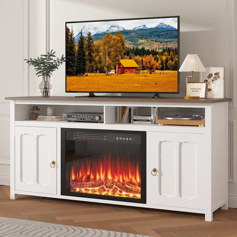 58" Fireplace Tv Stand With Electric Fireplace, Brown/White