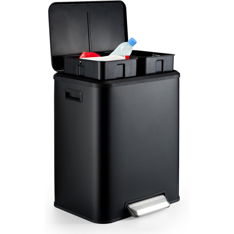 Poubelle, poubelle double en acier inoxydable 2 x 4 gallons (2 x 15 L) avec couvercle à fermeture en douceur et seaux intérieurs amovibles, poubelle à pédale pour cuisine