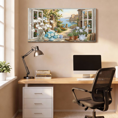 Window View Mediterranean Garden With Flowers And Sea Canvas Wrapped Wall Art Oil Painting Print Set Of 1