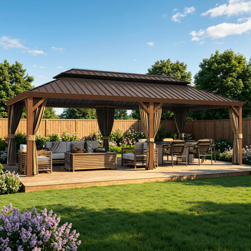 12x24ft.Hardtop Aluminum Gazebo with Galvanized Steel Double Roof, Mosquito Netting, Privacy Curtains & Ceiling Hooks – Wood Grain Outdoor Gazebo for Patio, Deck & Backyard