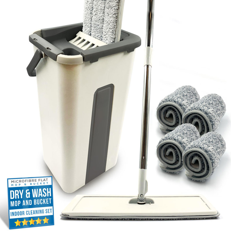 Flat Mop Bucket Set Head 4x Replacement Pads Microfibre Floor Kitchen Cleaning