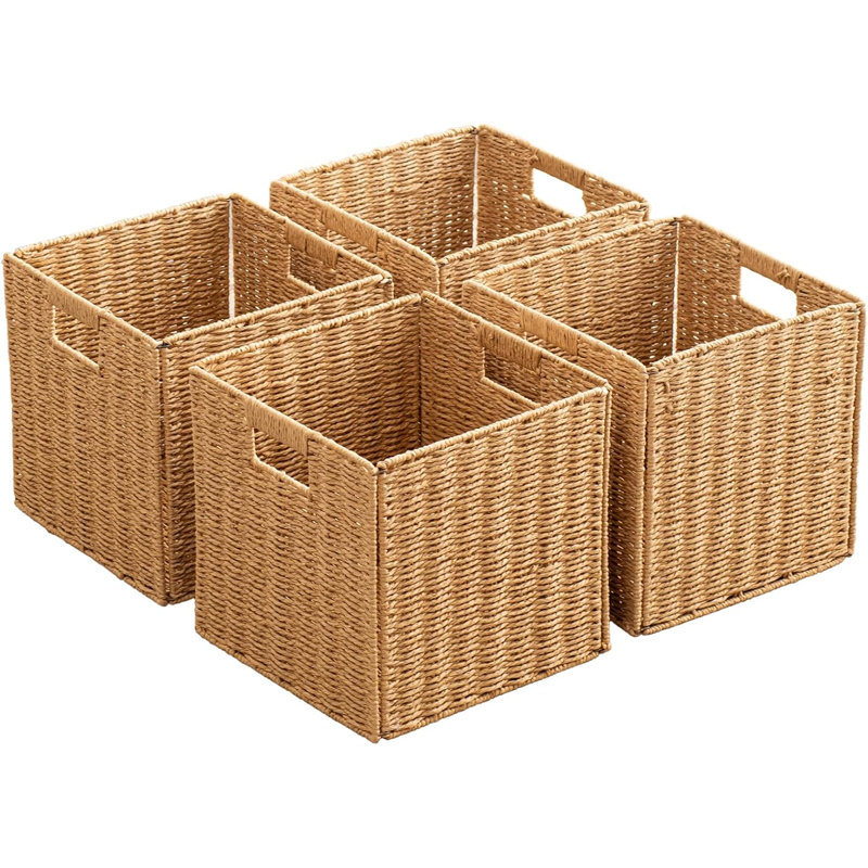 Paniers de rangement pliables avec poignées, paniers de rangement en corde de papier, cubes de rangement rectangulaires pliables tissés à la main (4, naturel)