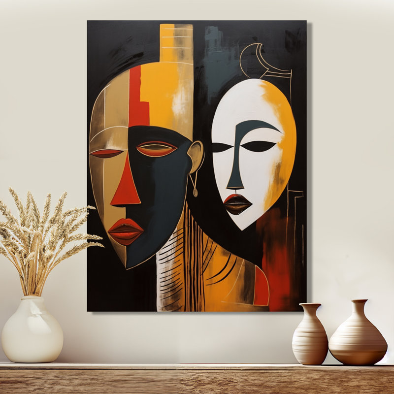 Abstrait double portrait Yin Yang - Masque africain, art mural salon, Toile tendue, H 32 po x l 16 po x P 1 po