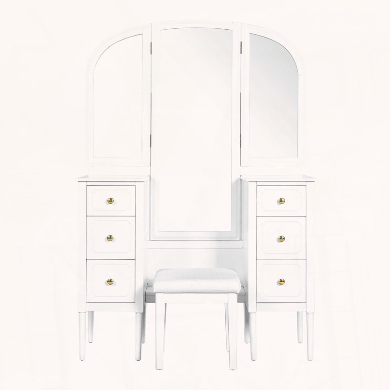 Bureau de coiffeuse antique avec miroir triple et 6 tiroirs