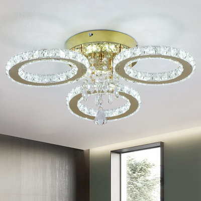 Gold K9 Crystal 3 Rings Chandelier Modern Ceiling Light With Metal Base And Crystal Accent