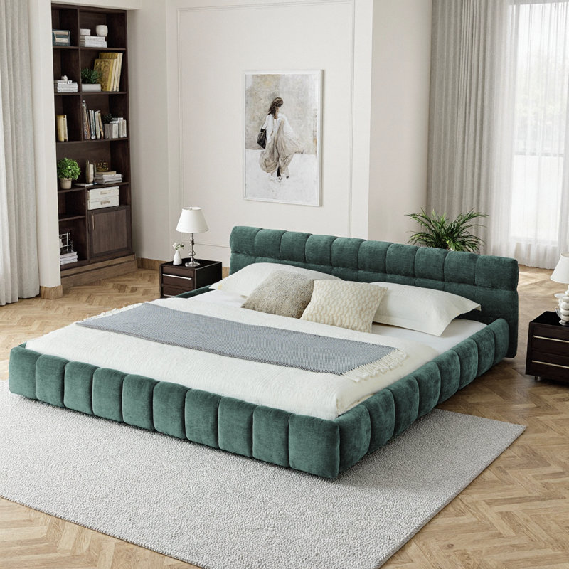 Élégante base de lit tapissier très grand avec tissu chenille - lit plateforme moderne, aucun sommier nécessaire, vert et bleu