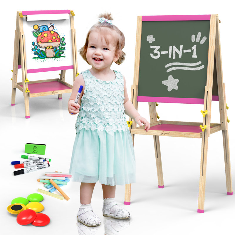 Chevalet d'art en bois Joyooss Kids 3 en 1, hauteur réglable, planche à dessin double face pour enfants de 4 à 8 ans, avec plateau de rangement, ensemble de fournitures d'art JOY106 ROSE