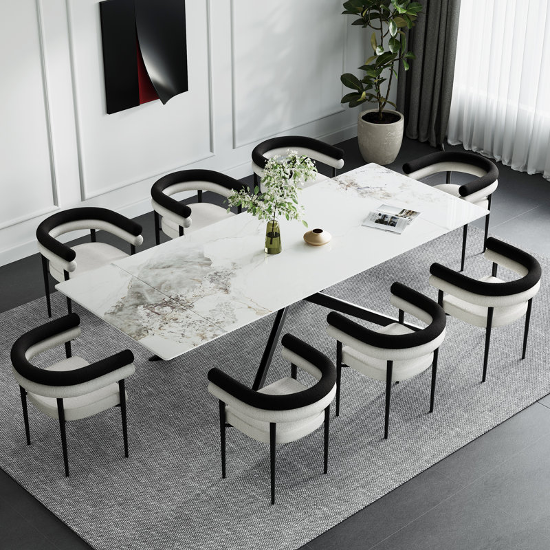 9 - Piece 110'' Extendable Dining Table Set Sintered Stone Dining Table With 8 Fabric Arm Chairs, Chanel