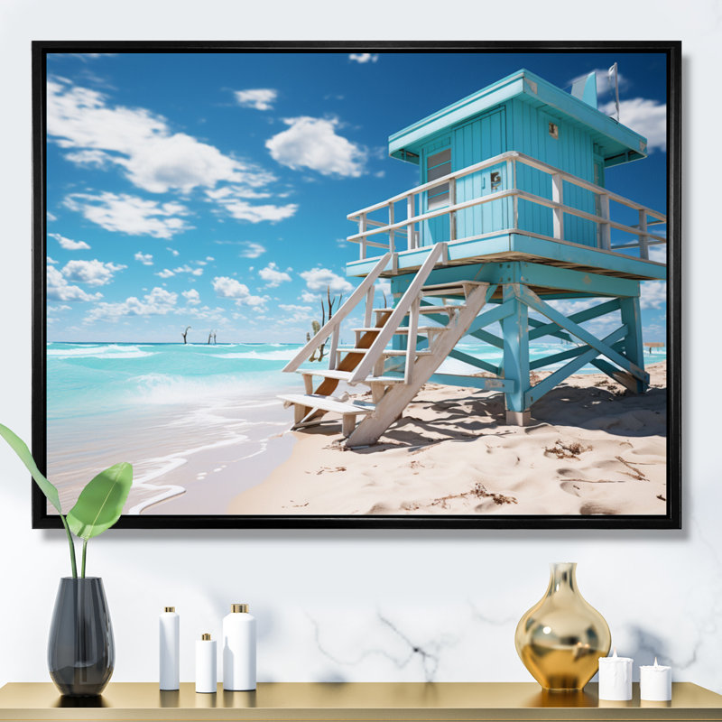 Turquoise Miami Lifeguard Whispers II, reproduction d'art sur toile, H 24 po x l 32 po x P 1 po, Cadre flottant noir
