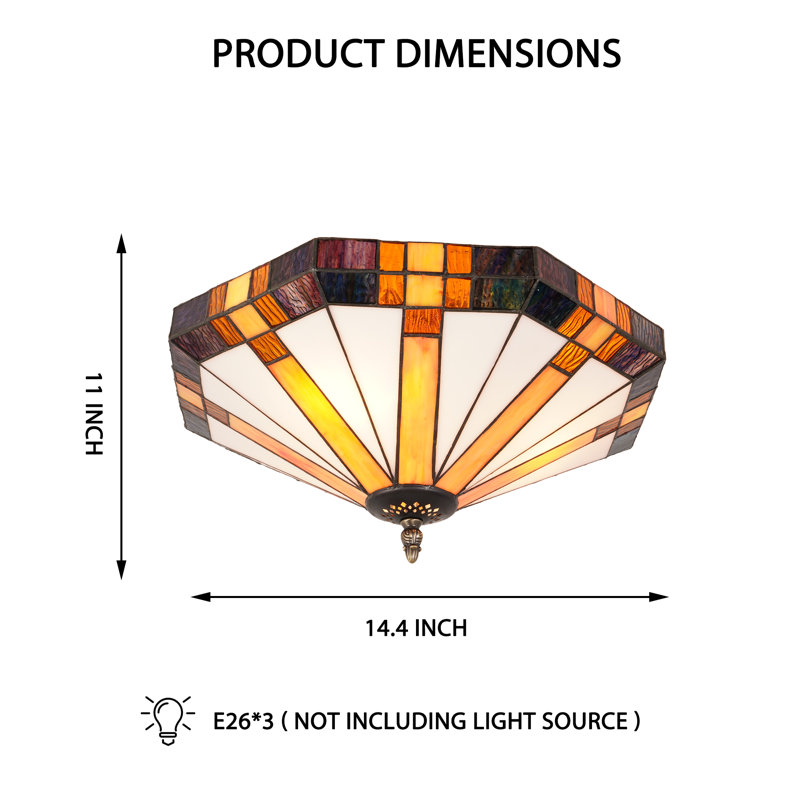 3-light Dimmable 14.4" Tiffany Glass Flush Mount