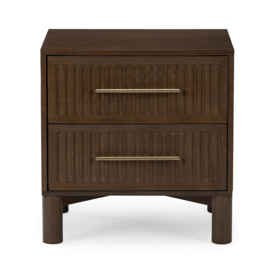 Sera Fluted 2 Drawer Nightstand with Brass Handle, Walnut
