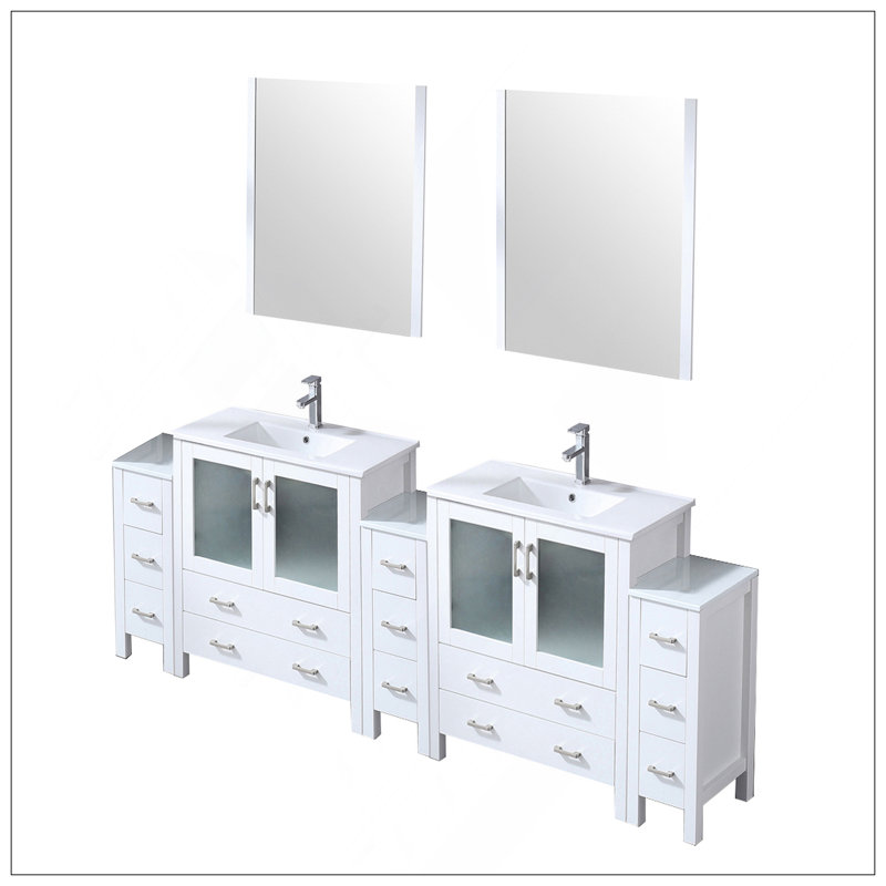 Meuble-lavabo double élégant de 96 po X P 18,25 po D, avec armoires latérales, plateau en céramique blanche, 28 po Miroirs et robinet